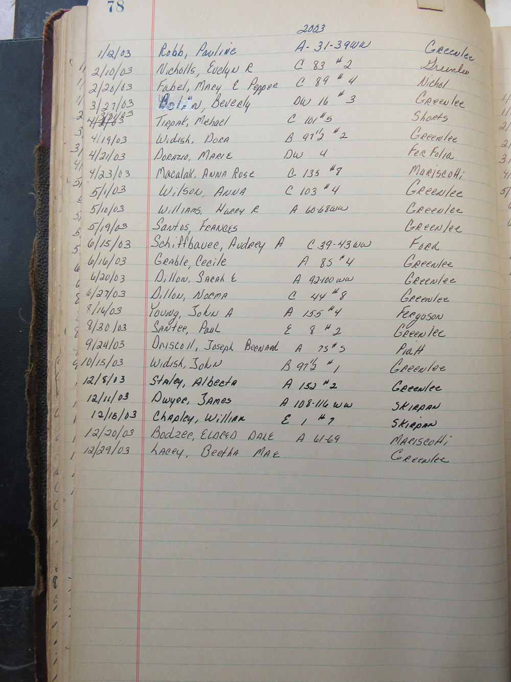 interment listing